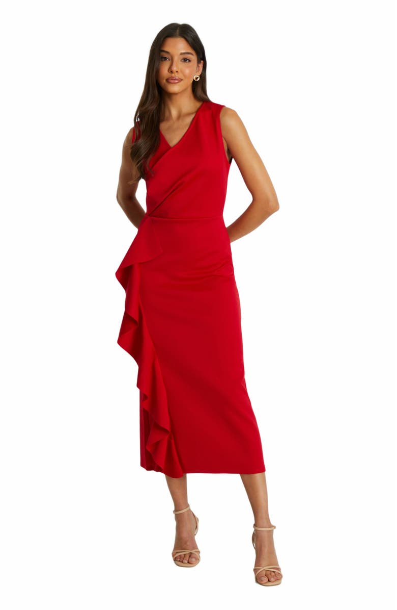 QUIZ Scuba Crepe Wrap Frill Midi Dress, Main, color, Red