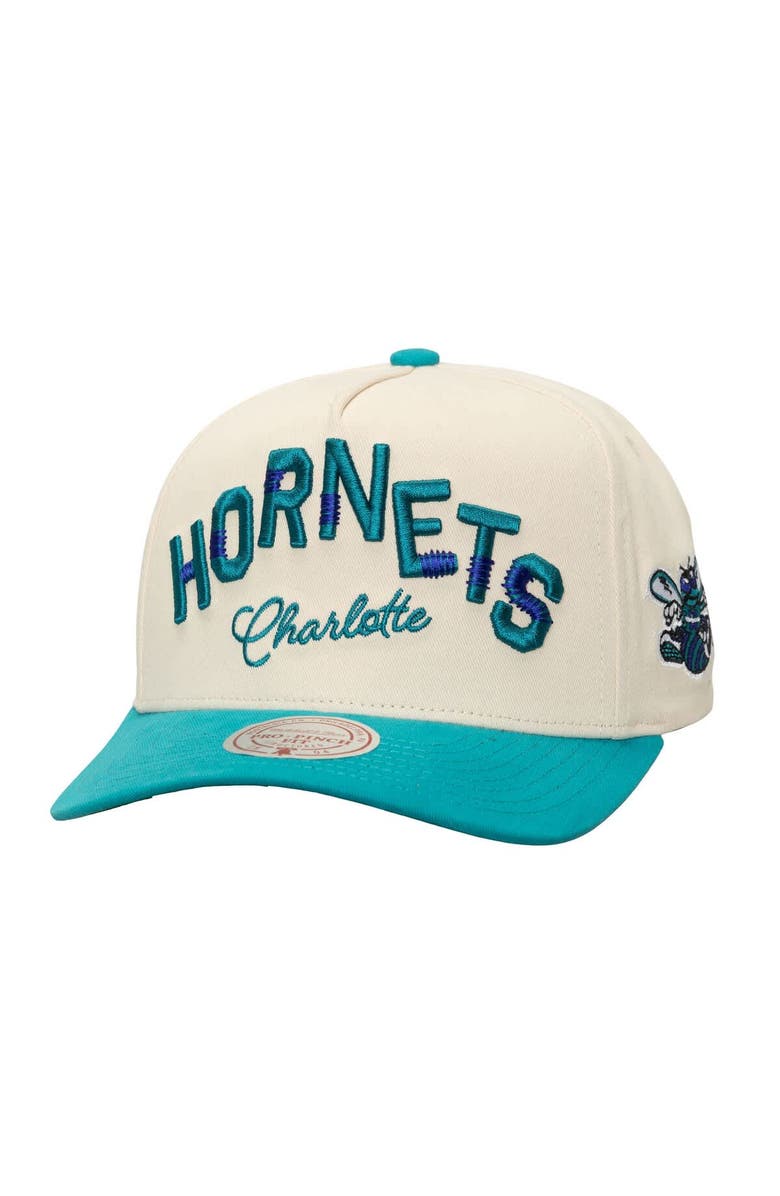Mitchell & Ness Men's Mitchell & Ness Cream/Teal Charlotte Hornets Soul Festival Staggered Zag Pro Crown Snapback Hat, Main, color, 