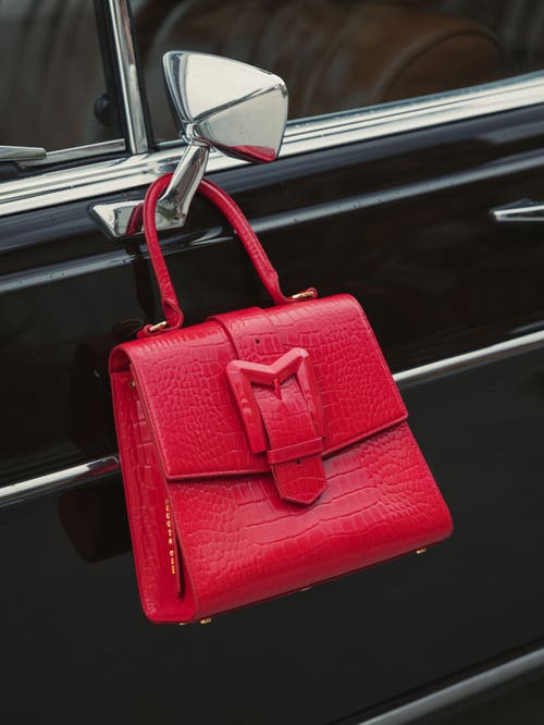 Mac Duggal Crocodile Leather Buckle Detail Medium Handbag In Cherry