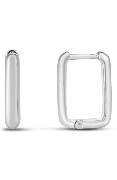 Rhodium Plated Sterling Silver Geometric Hinged Hoop Earrings