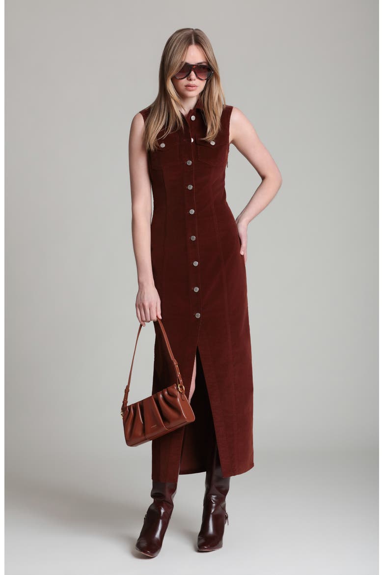 Sleeveless Stretch Corduroy Dress, Alternate, color, COGNAC
