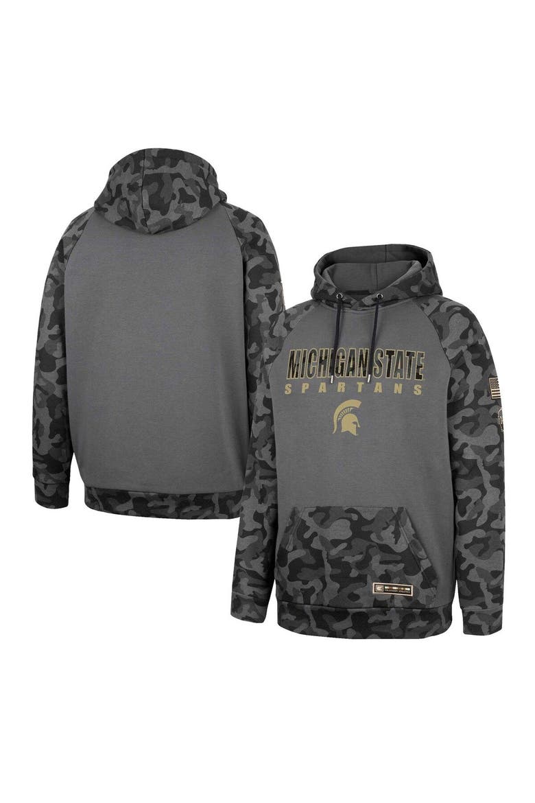 Men's Colosseum Charcoal Michigan State Spartans OHT Military Appreciation Camo Stack Raglan Pullover Hoodie, Main, color, Charcoal