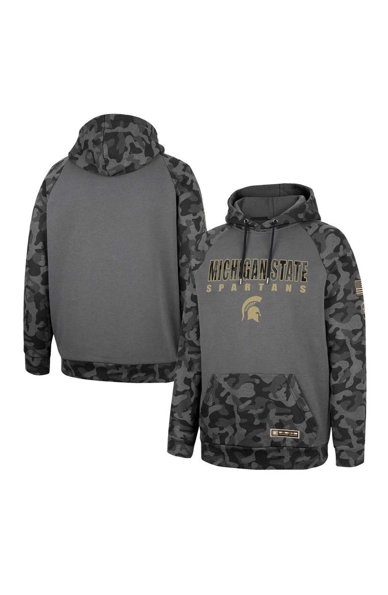 COLOSSEUM Men's Colosseum Charcoal Michigan State Spartans OHT Military Appreciation Camo Stack Raglan Pullover Hoodie, Main, color, Charcoal