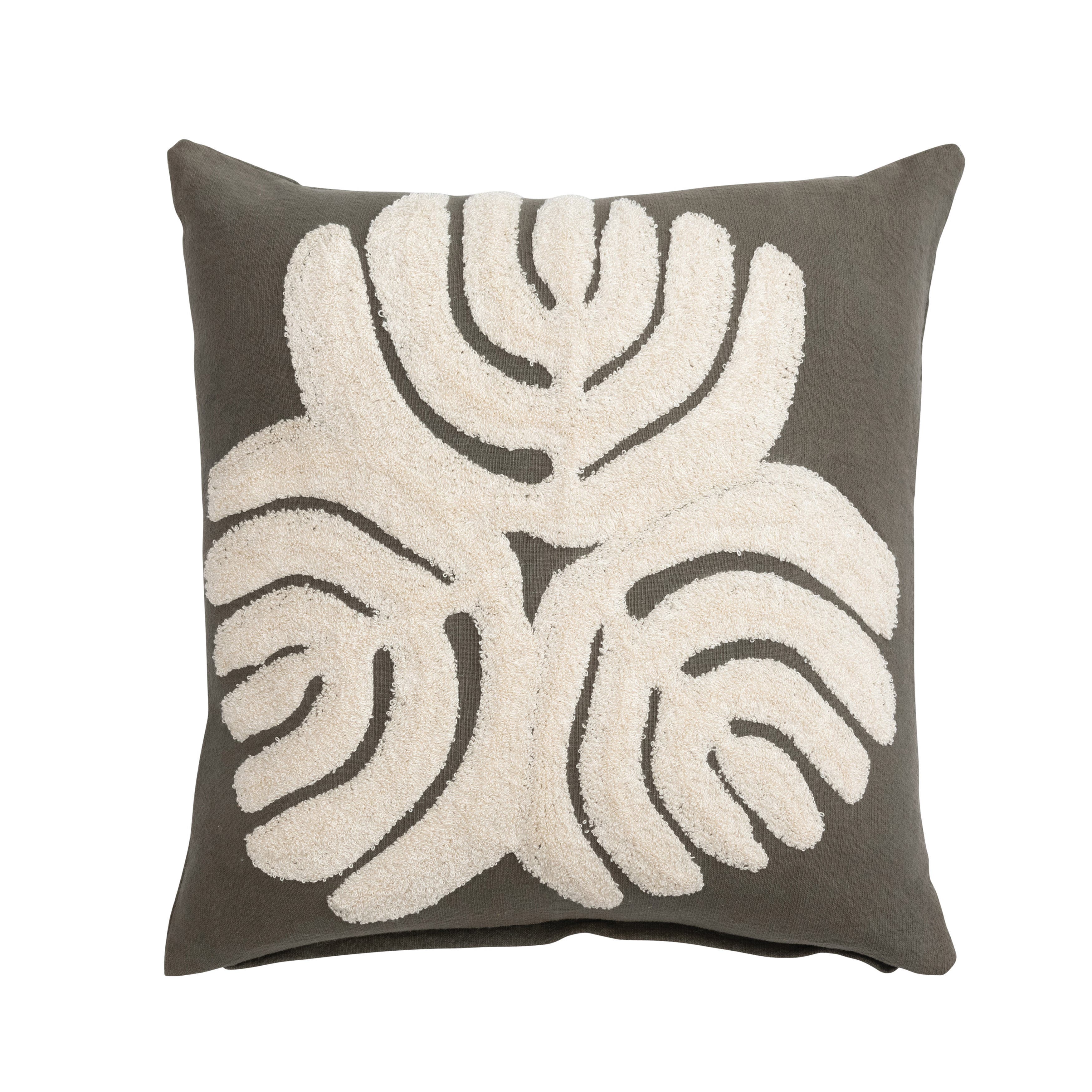 Storied Home Cotton Slub Pillow Cover With Embroidery And Abstract Design, Olive Green And Cream In Gray