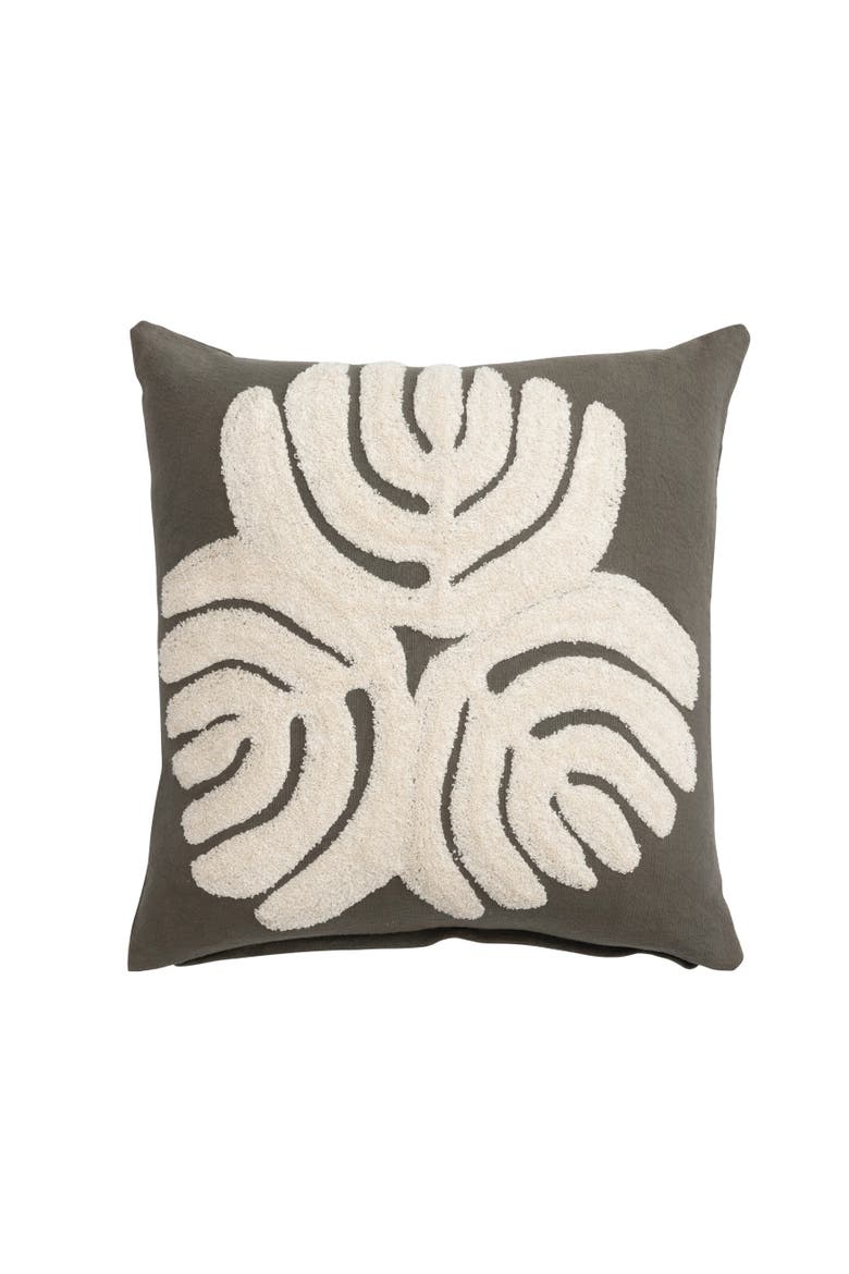 Cotton Slub Pillow Cover with Embroidery and Abstract Design, Olive Green and Cream, Main, color, Black