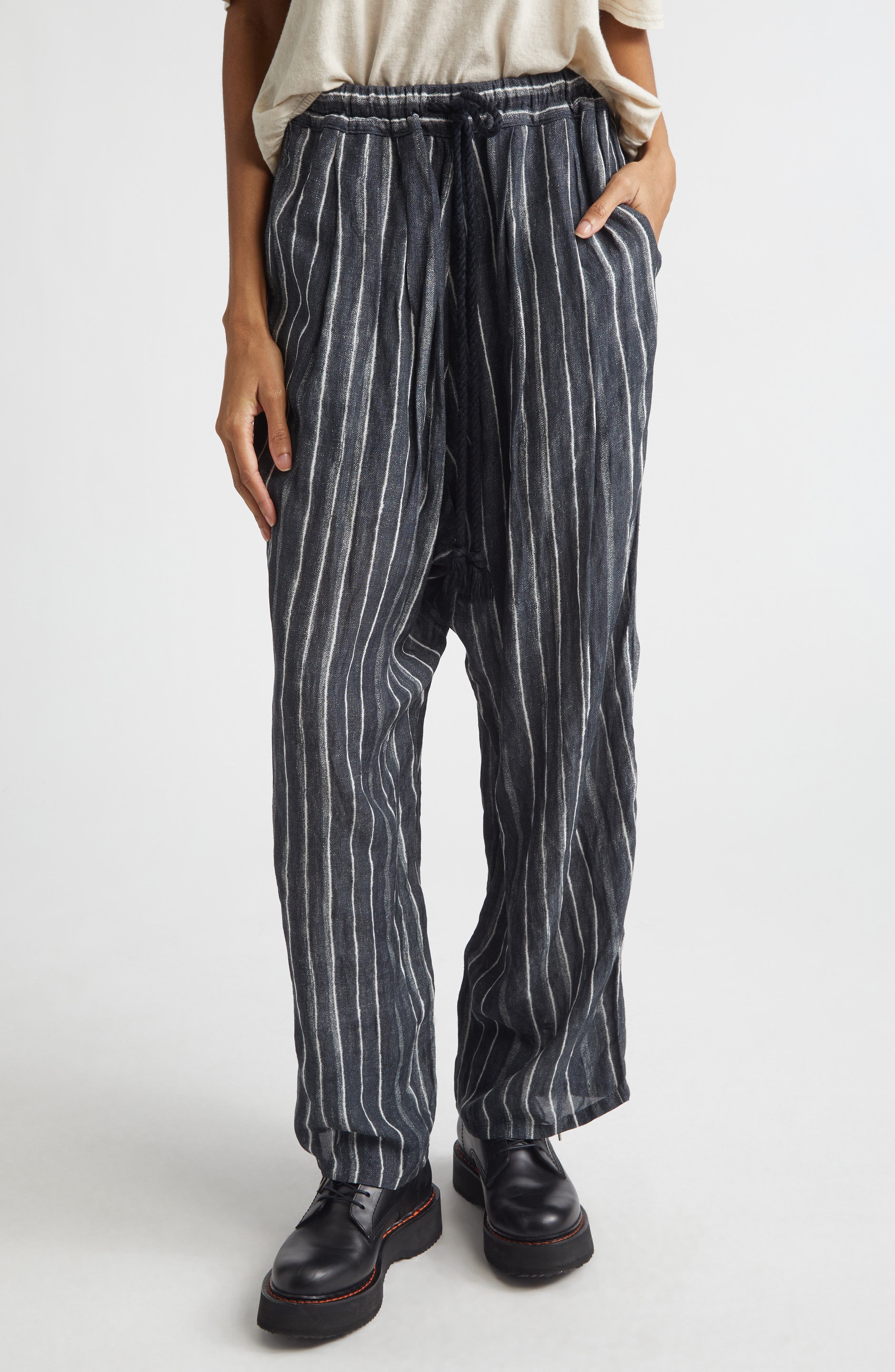Relaxed Pleated Stripe Drawstring Waist Pants