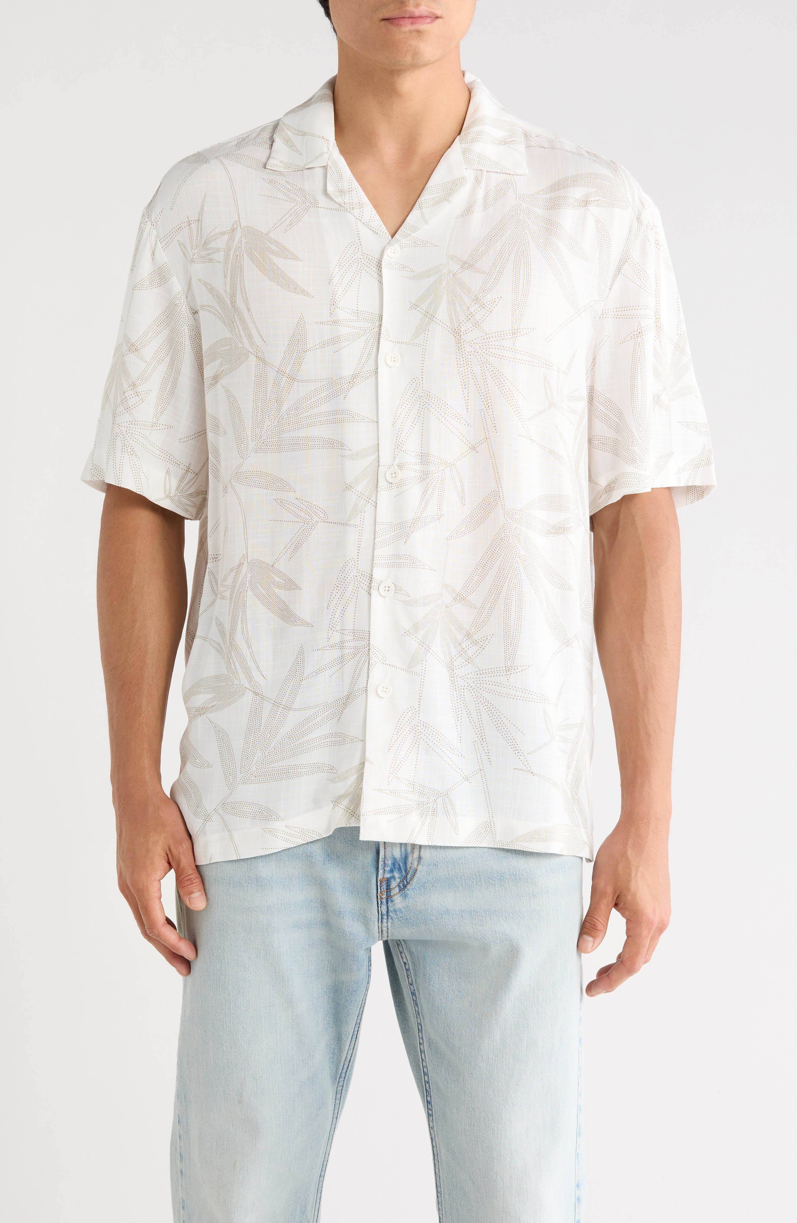 DENIM AND FLOWER Relaxed Fit Palm Print Camp Shirt