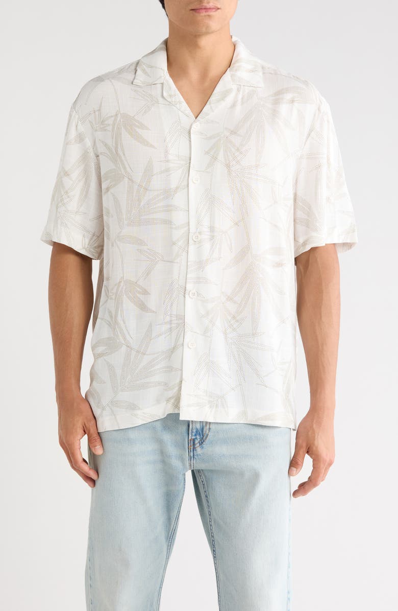 DENIM AND FLOWER Relaxed Fit Palm Print Camp Shirt, Main, color, Off White