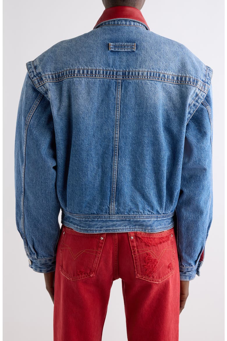 Devyn Leather Collar Denim Jacket, Alternate, color, BLUE