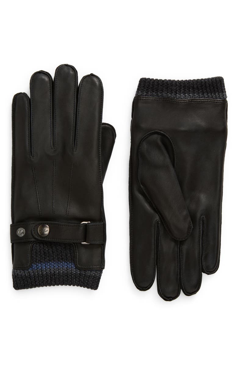 Robert Barakett Knit Wool Cuff Strap Detail Leather Gloves, Main, color,