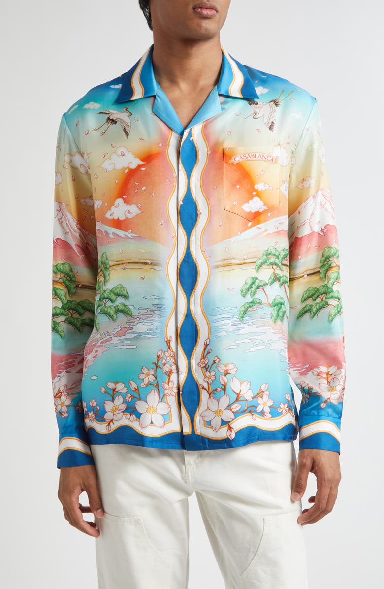 Casablanca Tennis Club Long Sleeve Silk Camp Shirt, Main, color, Tennis Club