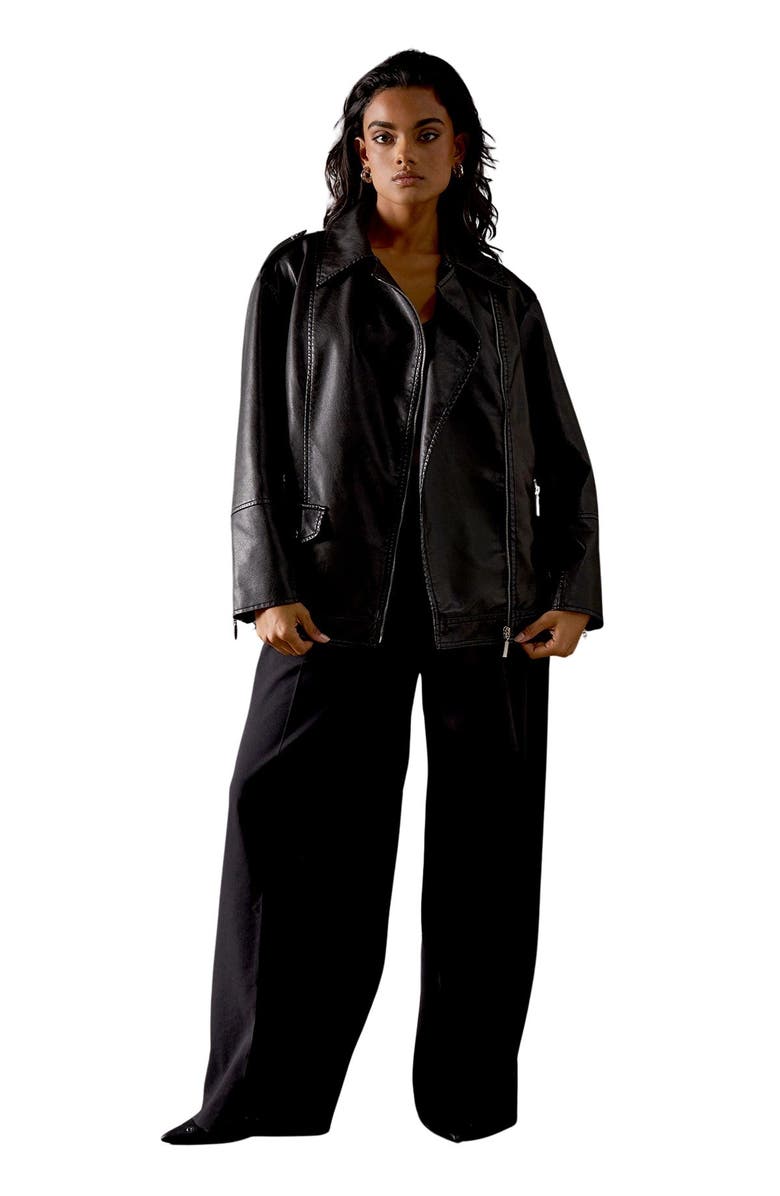 Warehouse Oversized Whipstitch Leather Look Jacket, Alternate, color, Black