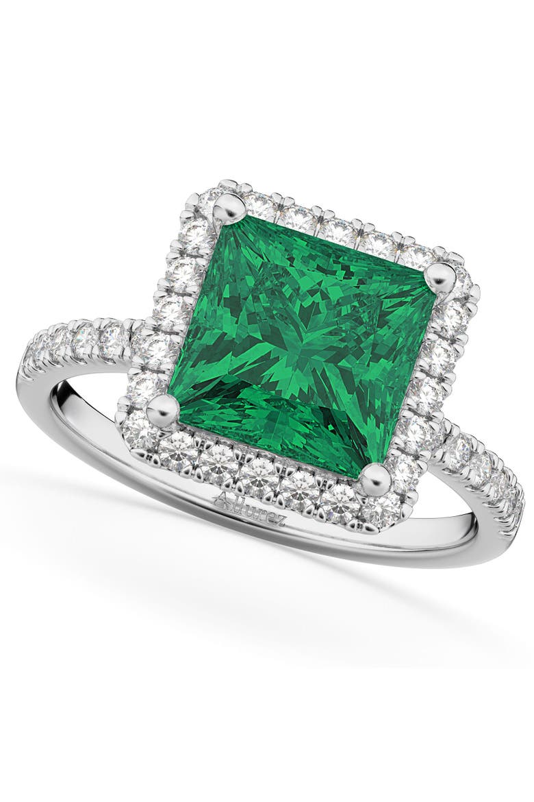 Princess Cut Halo Emerald & Diamond Engagement Ring 14K, Main, color, 3.57ct/White Gold
