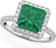 ALLUREZ Princess Cut Halo Emerald & Diamond Engagement Ring 14K
