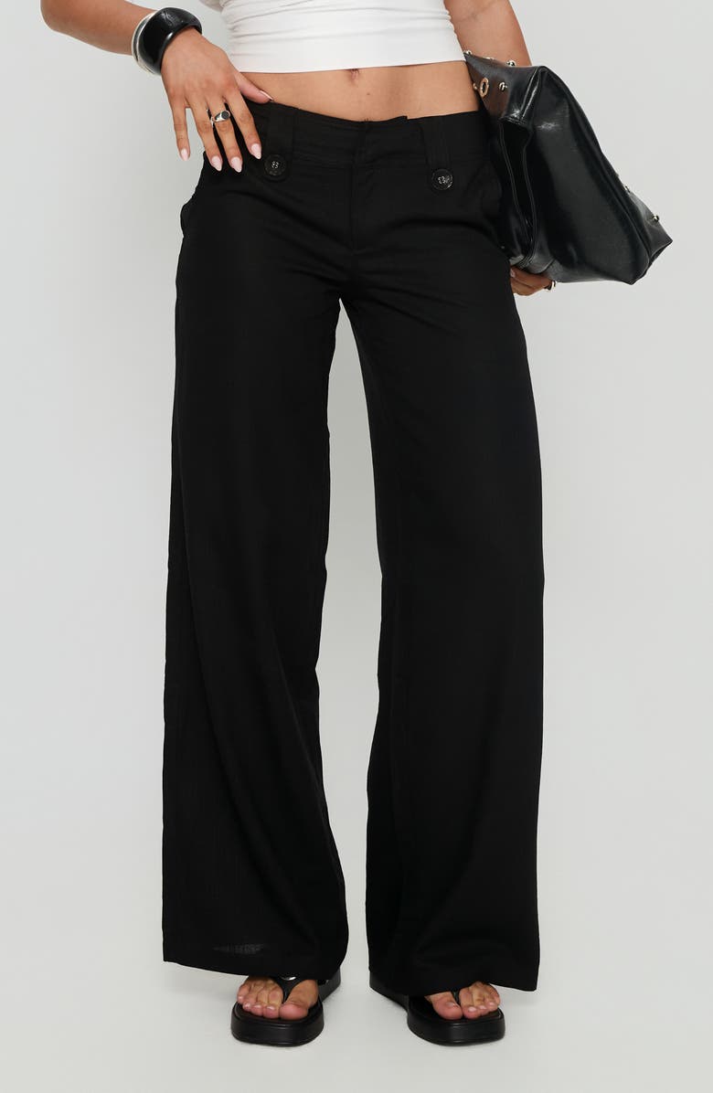 Princess Polly Pedra Low Rise Cotton & Linen Wide Leg Pants, Main, color, Black