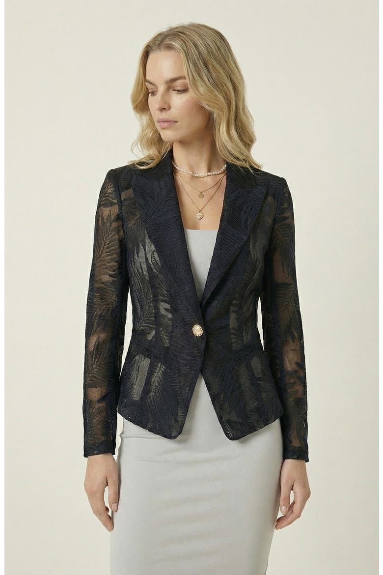 Sheer Lace Sleeved Tailored Blazer, Main, color, Black