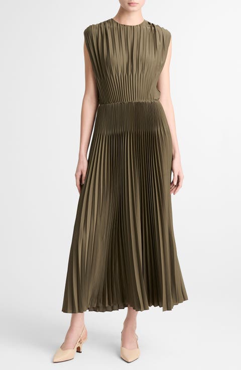 Chevron Pleated Sleeveless Midi Dress