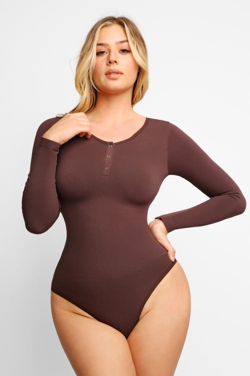 Popilush Shapewear Seamless Modal Long Sleeve Henley Bodysuit In Mahogany