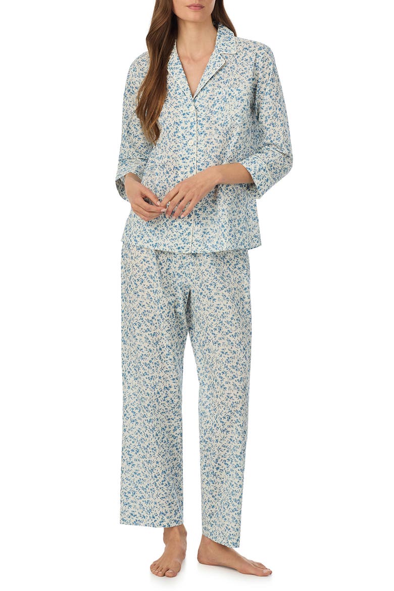 Print Cotton Blend Three-Quarter Sleeve Ankle Length Pajamas, Main, color, IVORY BLUE