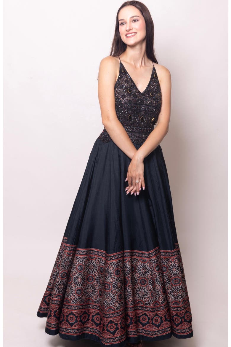 Elise Hand Embroidered Gown, Alternate, color, Black
