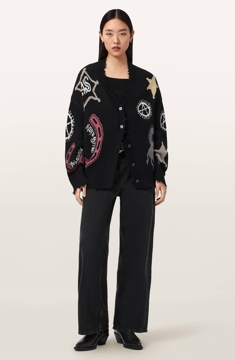 AllSaints Hester Western Cotton Jacquard Cardigan, Alternate, color, Black