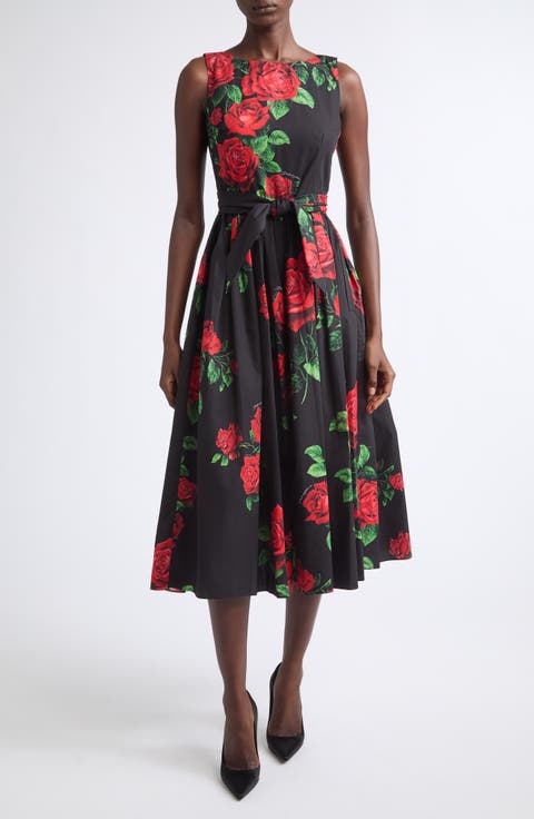 Rose Print Cotton Poplin Midi Dress
