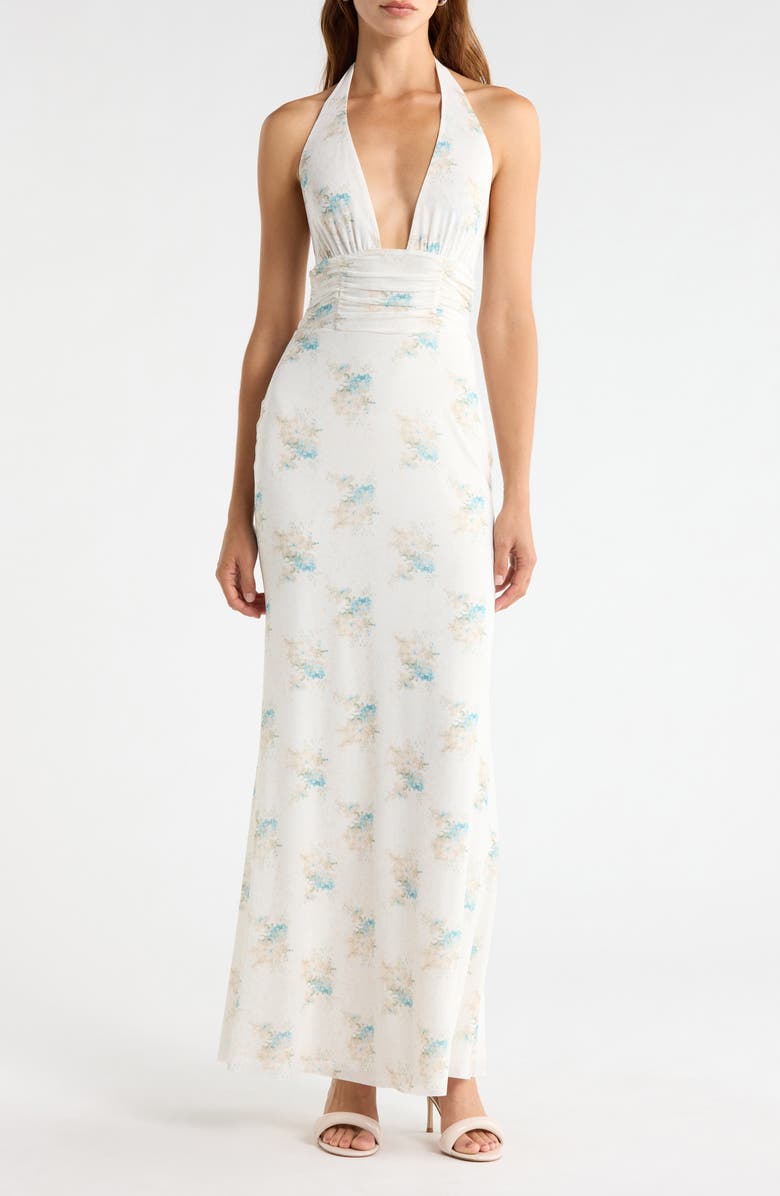 AFRM Anja Floral Print Halter Maxi Dress, Main, color, Antique Peony