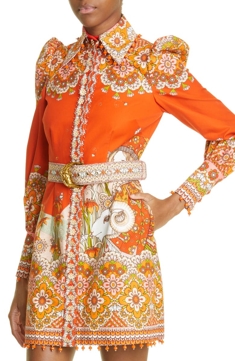 Zimmermann Aries Zodiac Print Belted Long Sleeve Minidress, Alternate, color, 