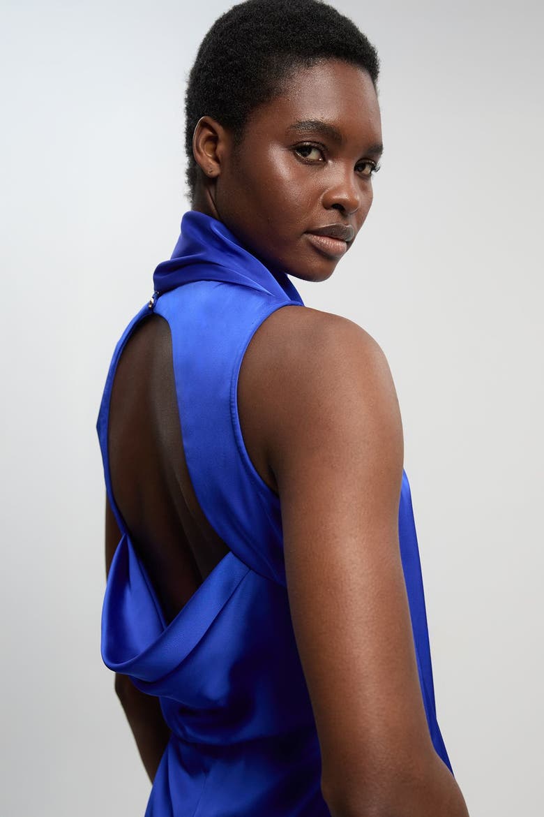 Satin Cowl Neck Scarf Fringe Maxi Dress, Alternate, color, Cobalt