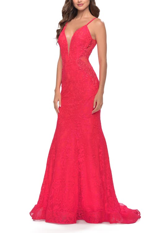 La Femme Long Mermaid Lace Dress With Back Rhinestone Detail In Hot Coral