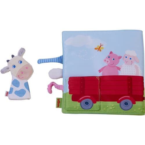 Haba Fabric Book Down On The Farm With Removable Finger Puppet In Red Multi