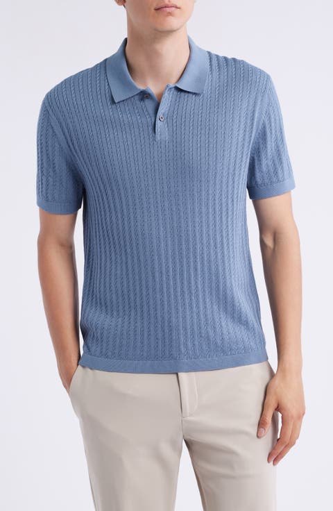 Cable Short Sleeve Cotton Blend Polo Sweater
