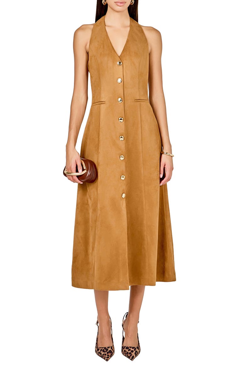 Faux Suede Sleeveless Midi Dress, Main, color, TAN