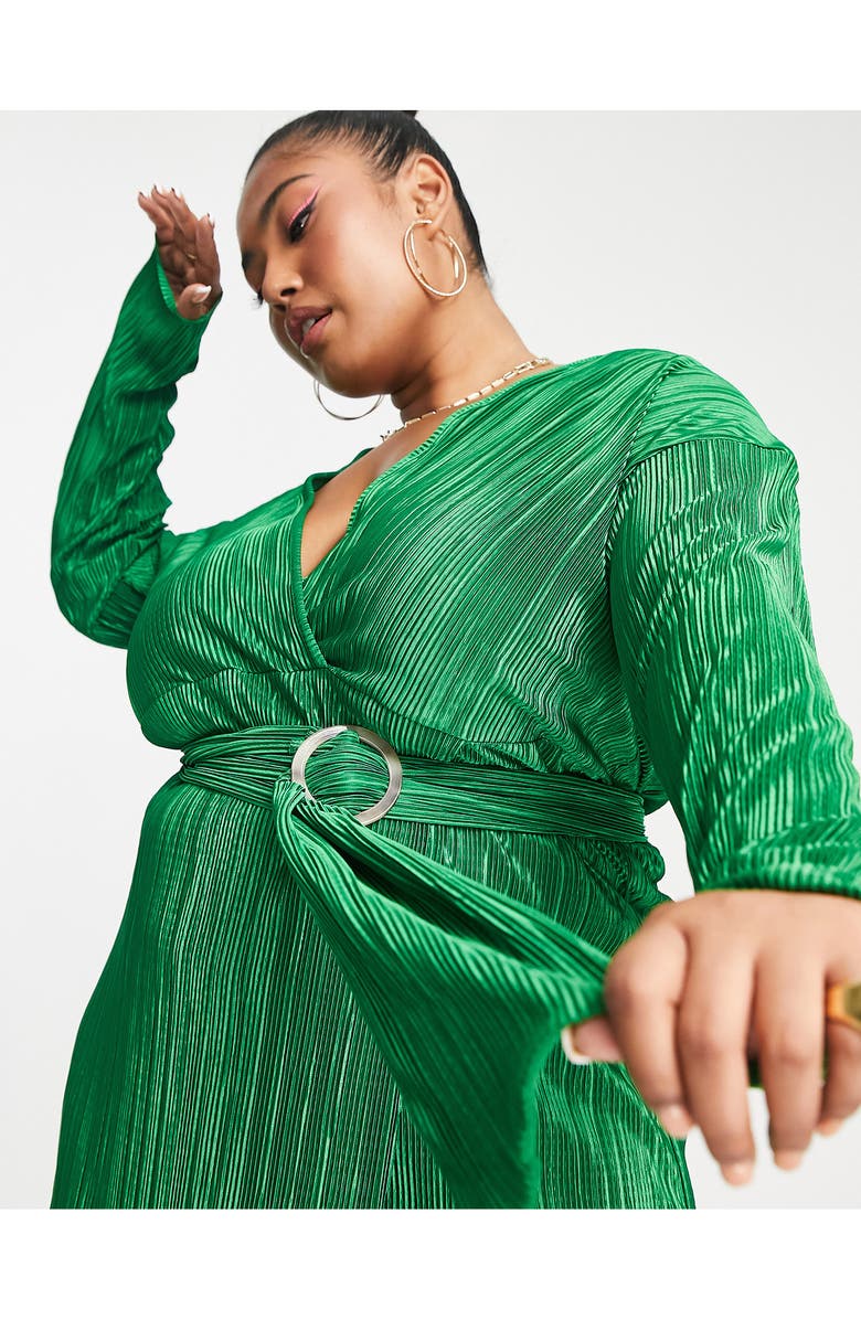 ASOS DESIGN Curve Plissé Long Sleeve Wrap Minidress, Alternate, color,