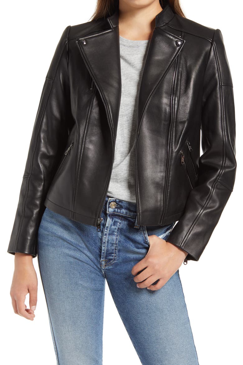 Lambskin Leather Moto Jacket, Main, color, BLACK