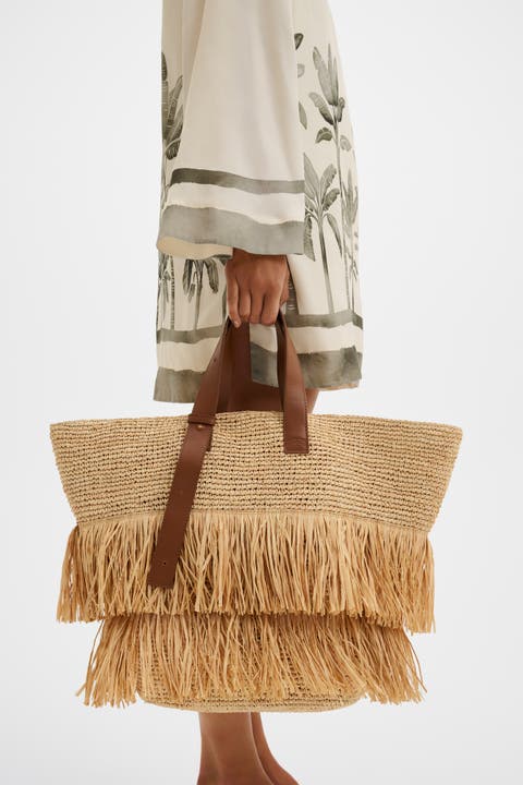 Jina Raffia Fringe Tote Bag