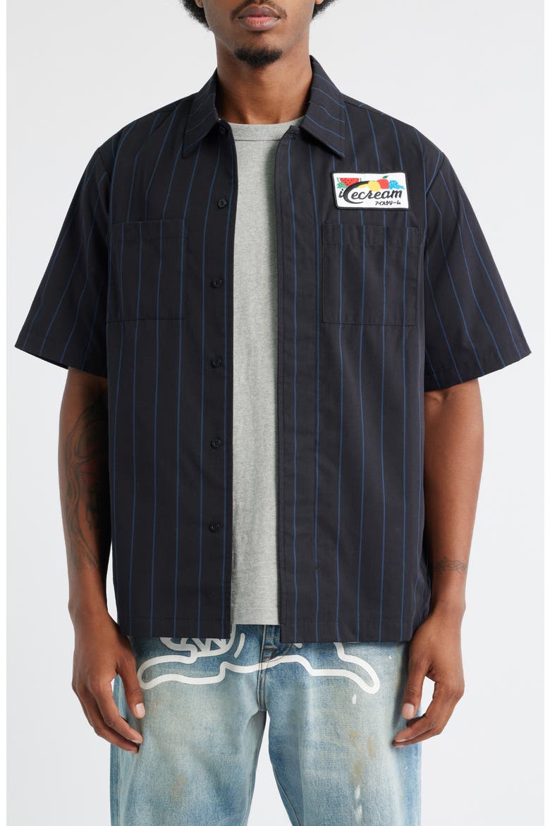 Fruit by the Fruit Stripe Short Sleeve Cotton Graphic Button-Up Shirt, Main, color, BLACK