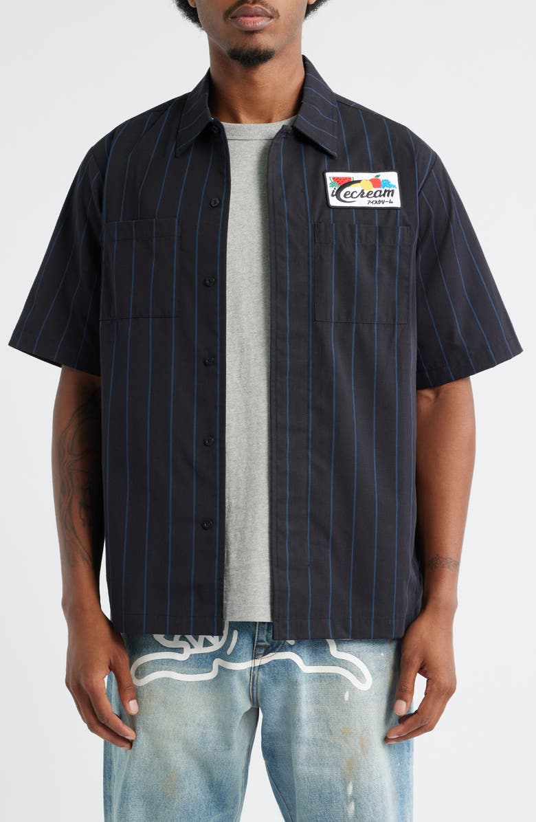 ICECREAM Fruit by the Fruit Stripe Short Sleeve Cotton Graphic Button-Up Shirt, Main, color, Black