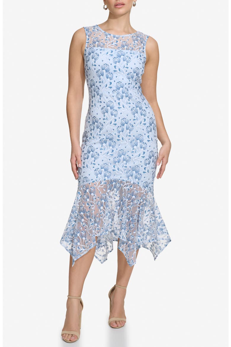 Floral Lace Handkerchief Hem Dress, Main, color, BLUE MULTI