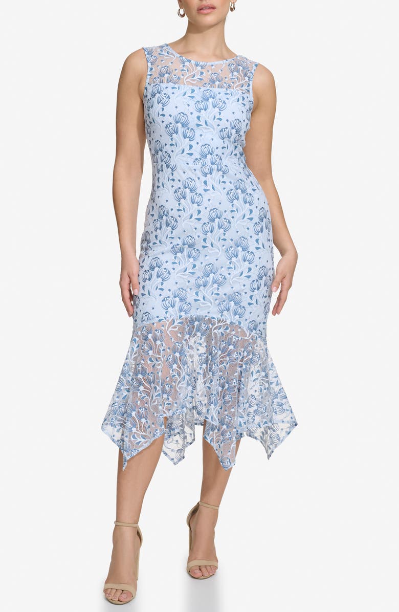 Kensie Floral Lace Handkerchief Hem Dress, Main, color, Blue Multi