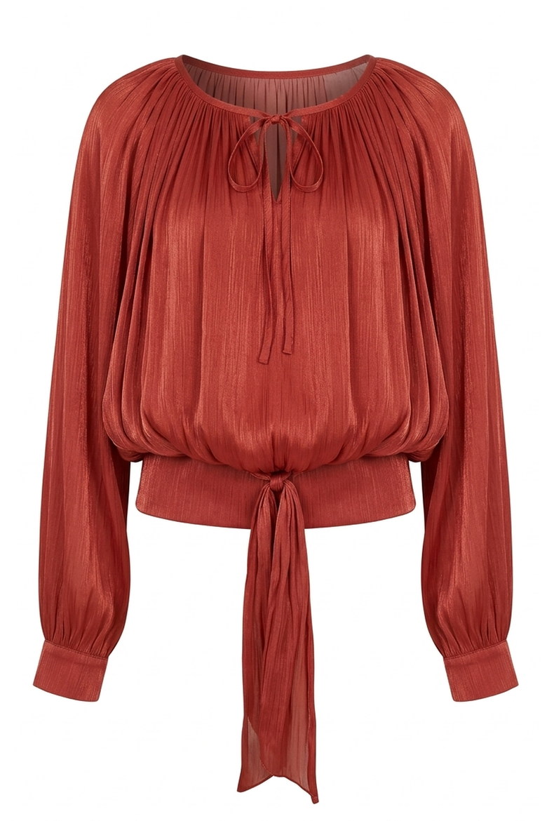 Long Sleeve Tie Neck Waist Belt Blouse, Alternate, color, Rust