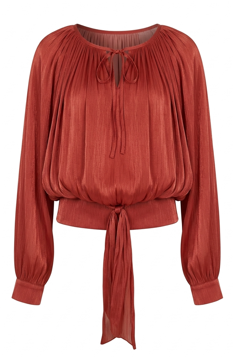 Modenaire Long Sleeve Tie Neck Waist Belt Blouse, Alternate, color, Rust