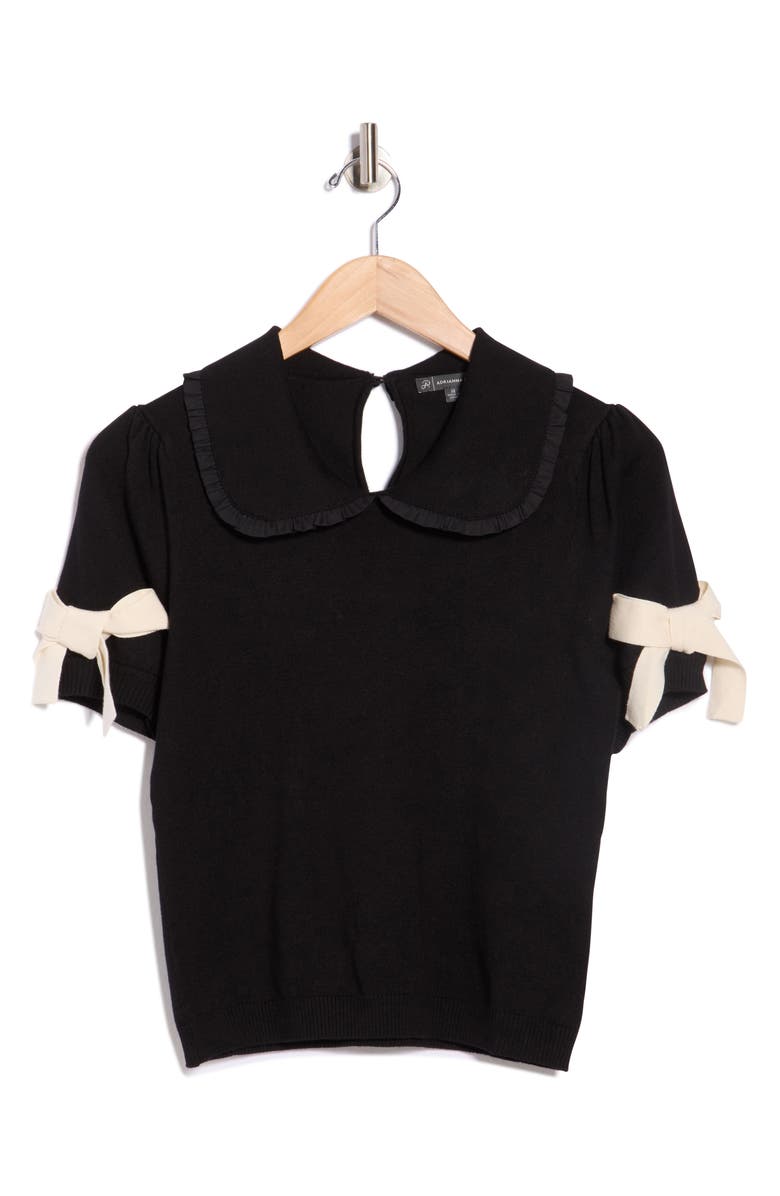 Adrianna Papell Ruffle Peter Pan Collar Short Sleeve Sweater, Main, color, Black/ Cream