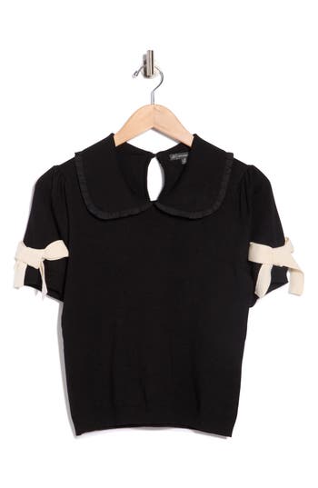 Adrianna Papell Ruffle Peter Pan Collar Short Sleeve Sweater In Black