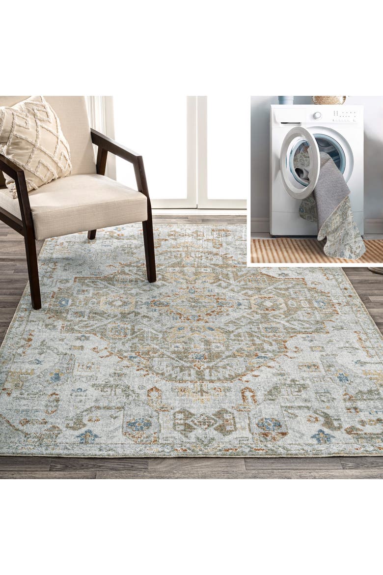 Shaemus Bohemian Medallion Low-Pile Machine-Washable Area Rug, Main, color, Cream/Brown/Green