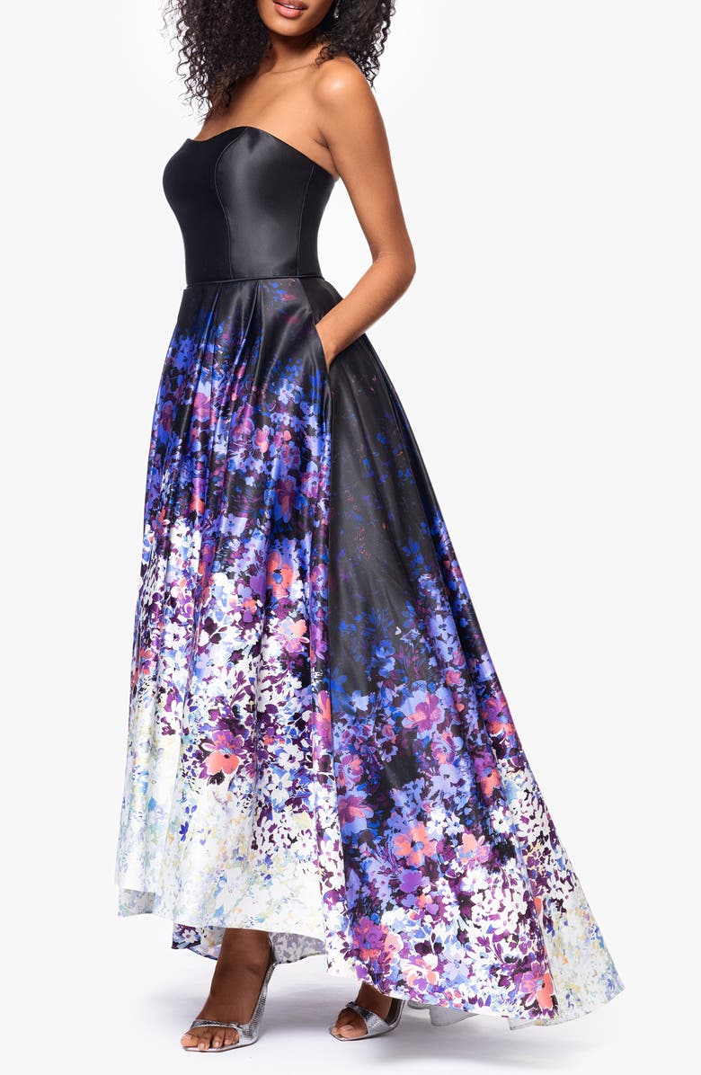 Betsy & Adam Ombré Floral Strapless High Low Ball Gown, Alternate, color, Black/ Floral