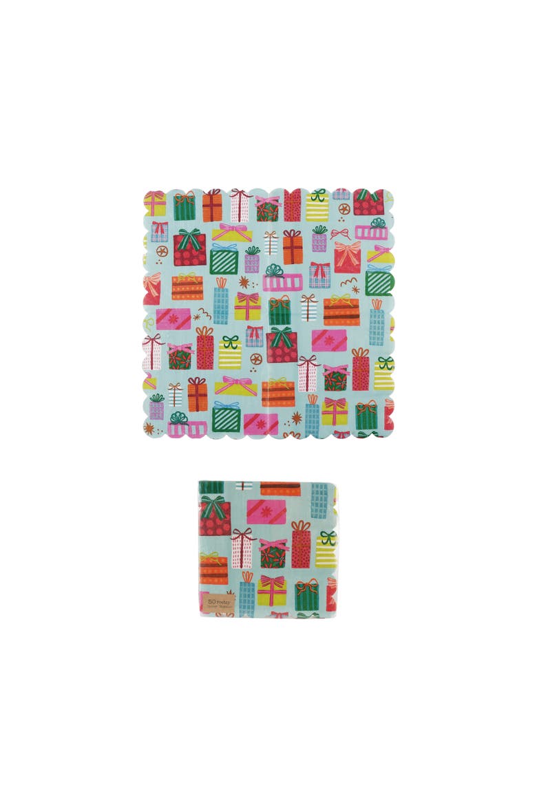 Scalloped Paper Dinner Napkins with Festive Gift Pattern, Main, color, Multicolor