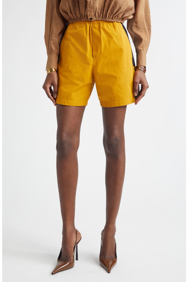 Cassandre Bicolor Cotton Serge Bermuda Shorts, Main, color, CURRY/ NOIR