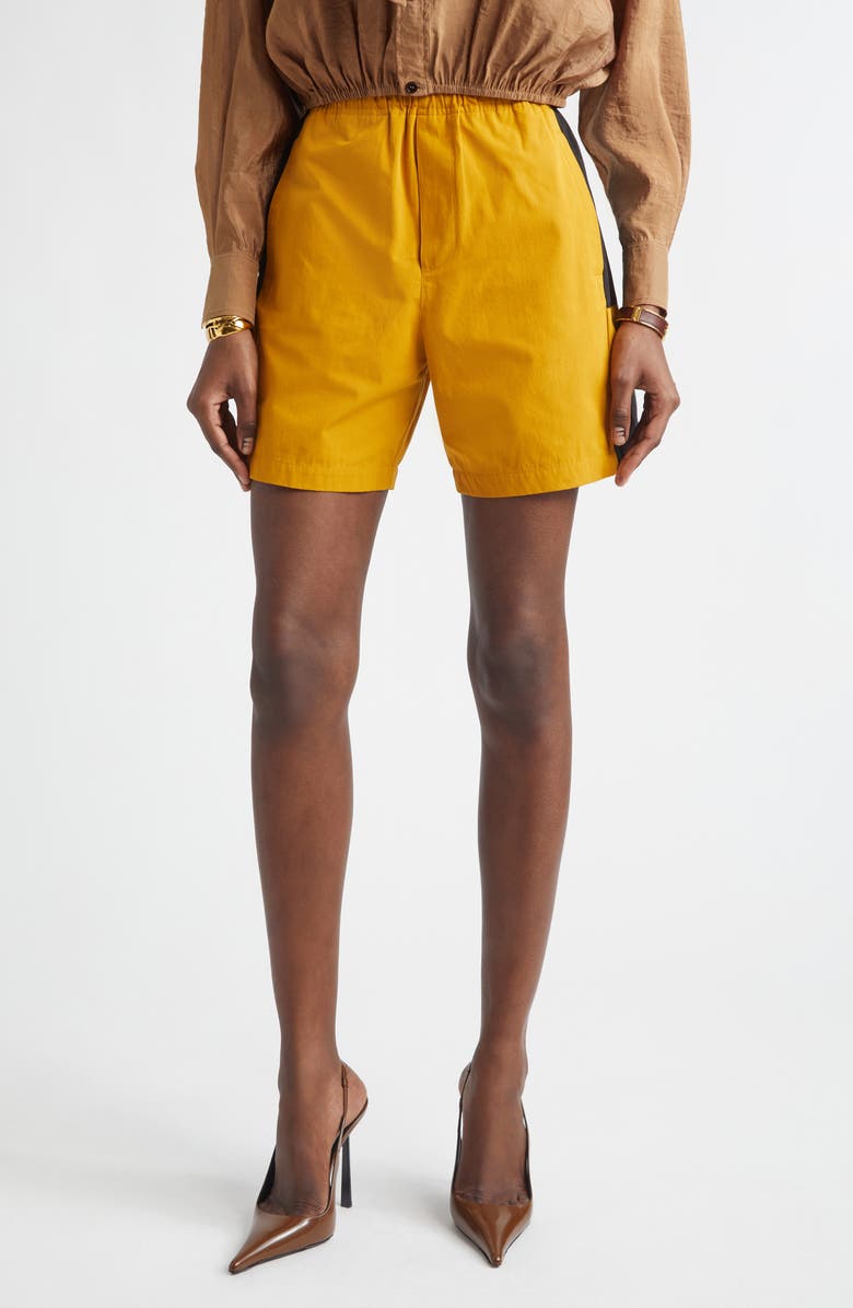 Saint Laurent Cassandre Bicolor Cotton Serge Bermuda Shorts, Main, color, Curry/ Noir