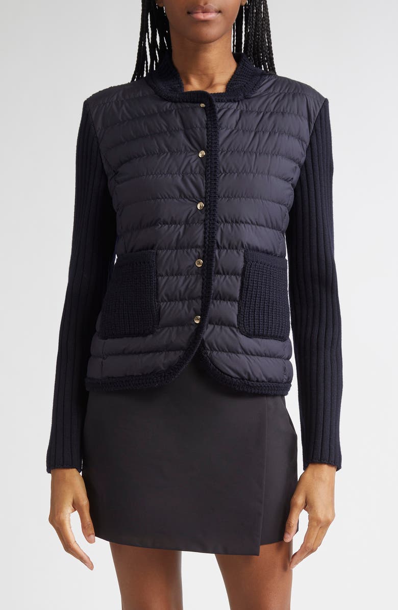 Moncler Quilted Down & Virgin Wool Knit Cardigan, Main, color, Navy Blue